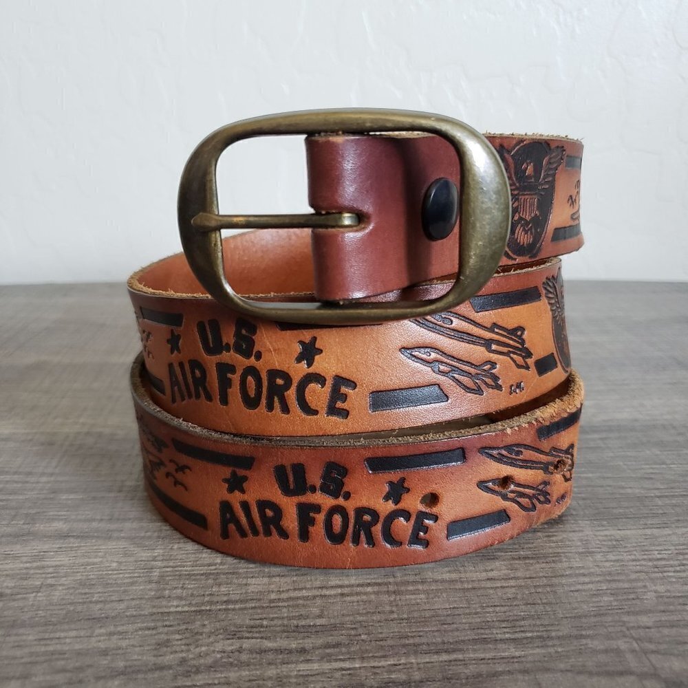 Tooled Genuine Leather U.S. Airforce Belt Jets Eagle Brown Made in USA Mens L/XL